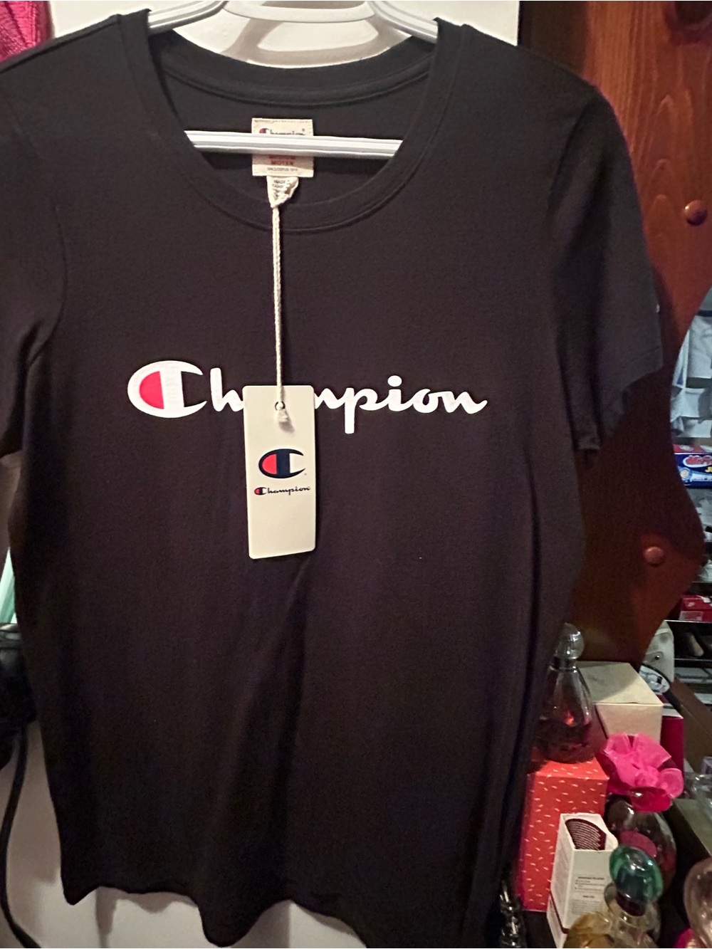 Champion Black Short-Sleeve Tee with White & Red Logo